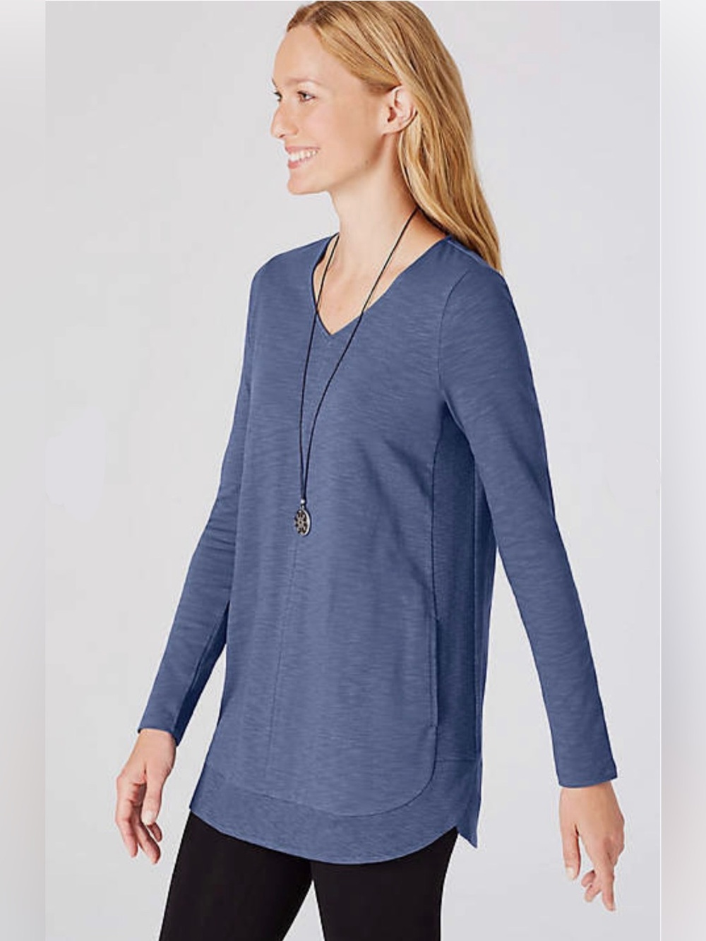 J. Jill Blue Cotton Long Sleeve V-Neck Tunic Top. Size S - Picture 3 of 13
